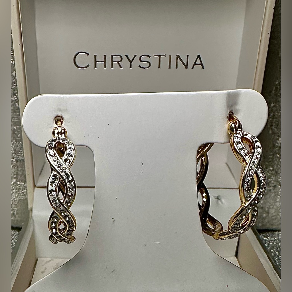 Elegant Yellow Gold And Silver Twisted Crystal Hoop Earrings